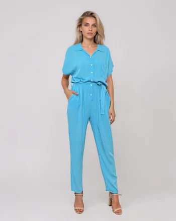 Salopetă din vâscoză cu pantalon conic și cordon în talie bleu - Unica S-L