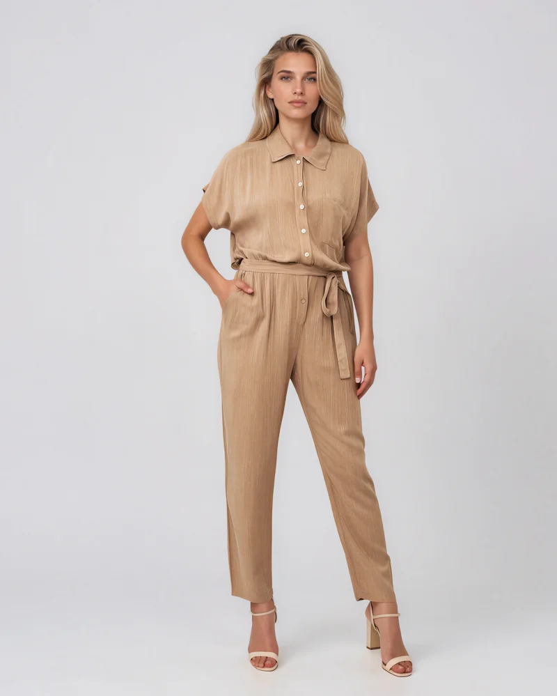 Salopetă din vâscoză cu pantalon conic și cordon în talie beige - Unica S-L