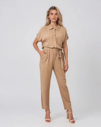 Salopetă din vâscoză cu pantalon conic și cordon în talie beige - Unica S-L