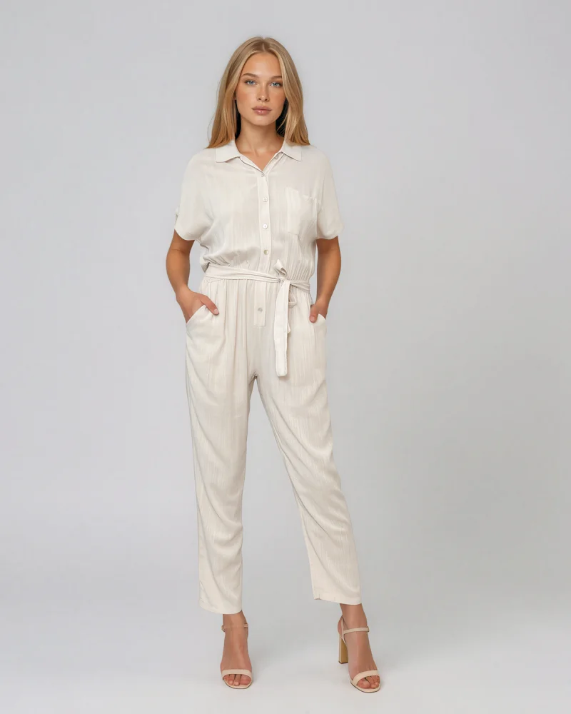 Salopetă din vâscoză cu pantalon conic și cordon în talie crem - Unica S-L