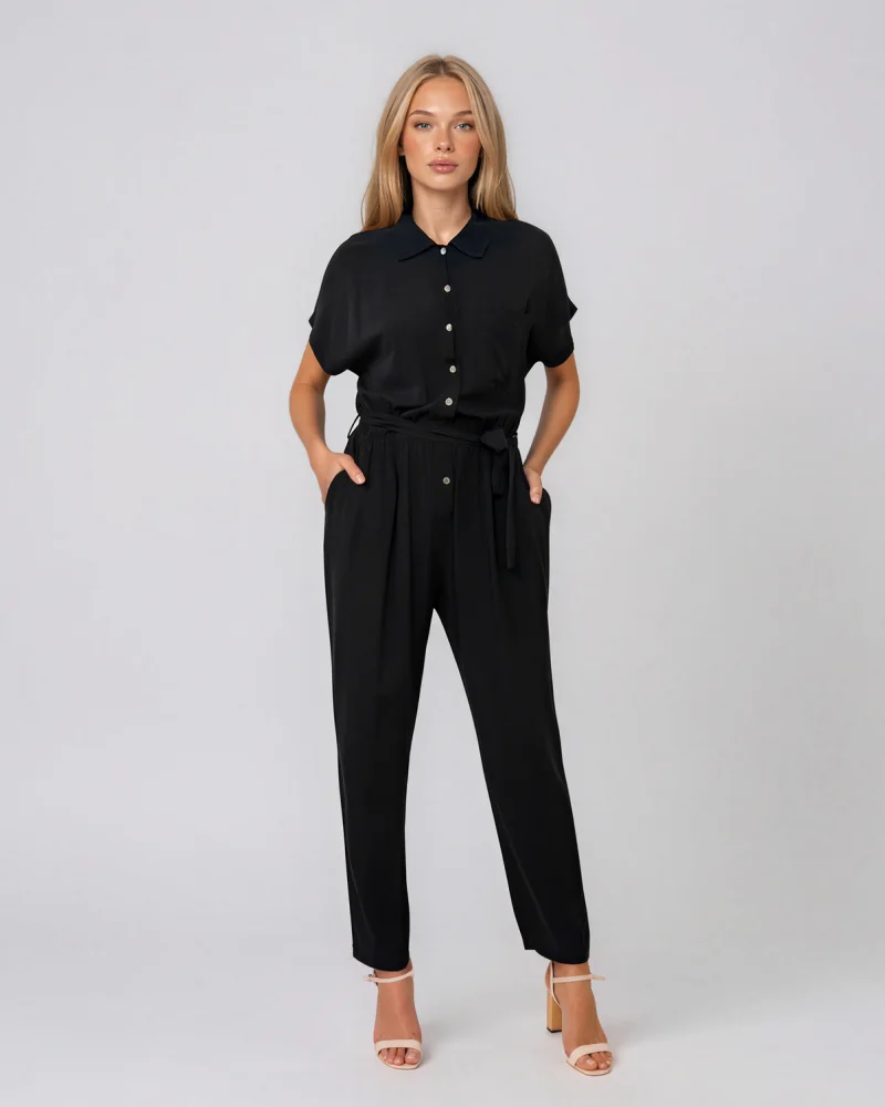 Salopetă din vâscoză cu pantalon conic și cordon în talie negru - Unica S-L
