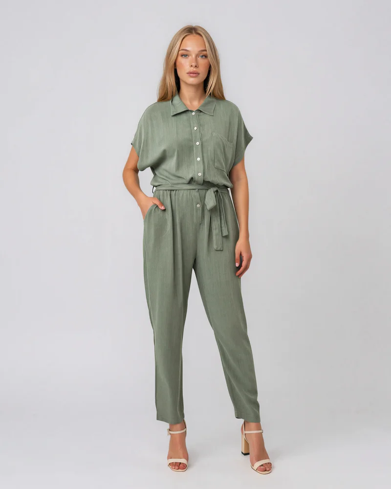 Salopetă din vâscoză cu pantalon conic și cordon în talie kaki - Unica S-L