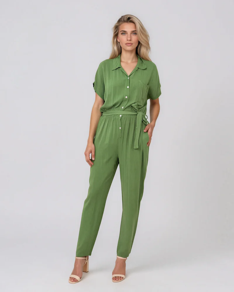 Salopetă din vâscoză cu pantalon conic și cordon în talie verde - Unica S-L