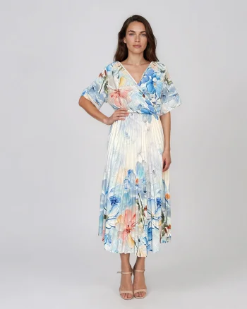 Rochie midi plisată din material fin cu imprimeu floral acuarelat bleu - Unica S-L