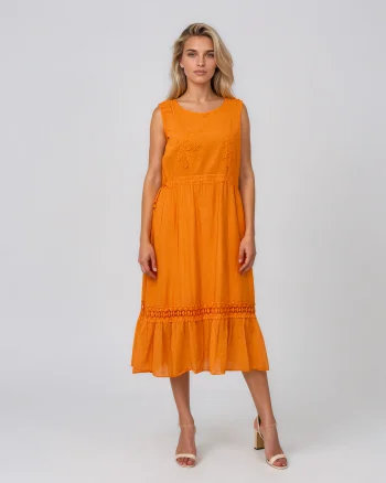 Rochie midi din bumbac cu broderie ajurată în talie portocaliu - Unica S-L