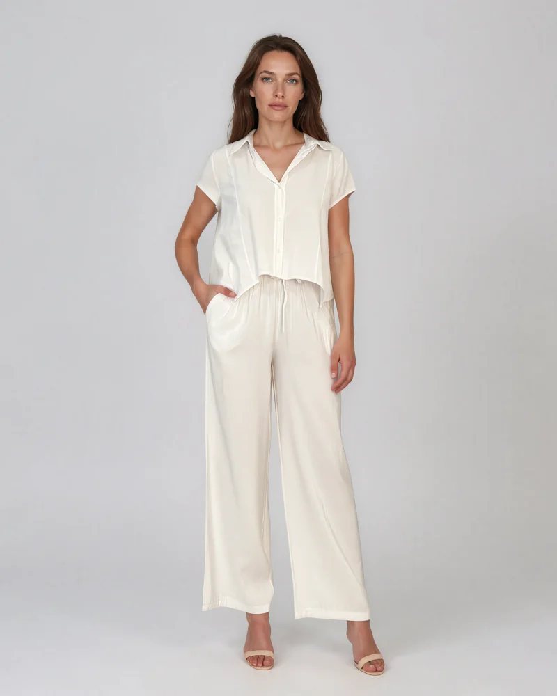Compleu din vâscoză cu cămașă și pantaloni lejeri alb - Unica S-L