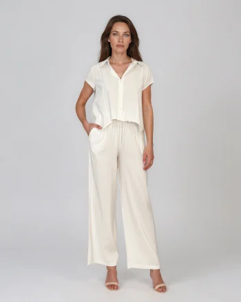 Compleu din vâscoză cu cămașă și pantaloni lejeri alb - Unica S-L