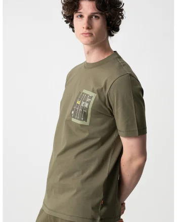 Tricou cu decolteu la baza gatului si imprimeu grafic pe piept, Verde aquamarin/Alb murdar