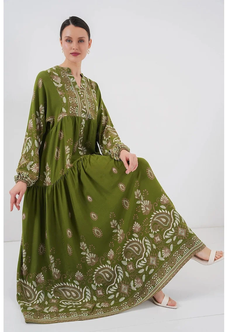 Rochie maxi dama, din viscoza, HiCCUP, cu imprimeu, decolteu in V, verde