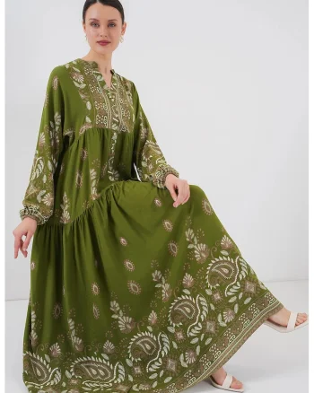 Rochie maxi dama, din viscoza, HiCCUP, cu imprimeu, decolteu in V, verde