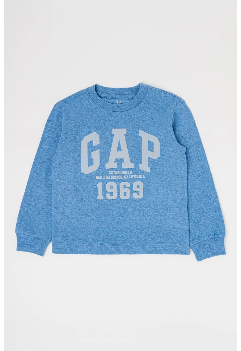 Bluza cu decolteu la baza gatului si imprimeu logo, Albastru deschis melange