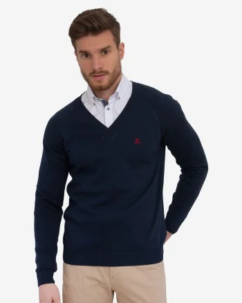 Pulover tricotat fin cu decolteu in V, Albastru ultramarin