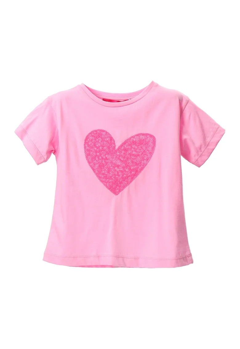 Tricou de bumbac cu inima brodata, Roz