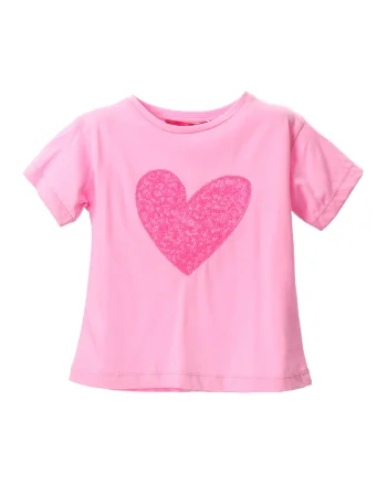 Tricou de bumbac cu inima brodata, Roz