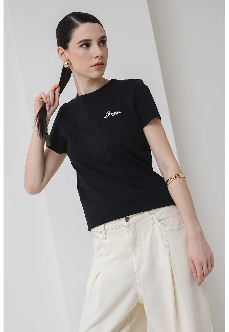 Tricou de bumbac cu logo discret, Negru/Bej