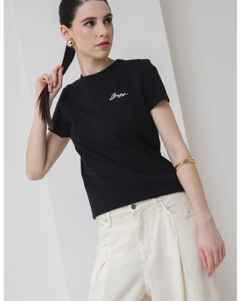 Tricou de bumbac cu logo discret, Negru/Bej