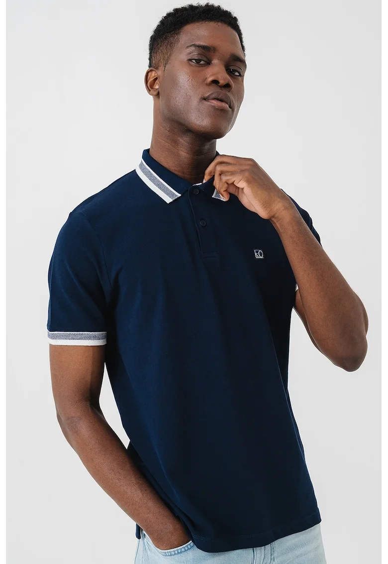 Tricou polo din bumbac pique, Alb murdar/Bleumarin