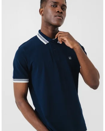 Tricou polo din bumbac pique, Alb murdar/Bleumarin