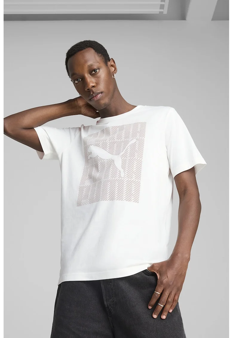 Tricou din amestec de bumbac cu imprimeu logo, Alb/Maro cognac