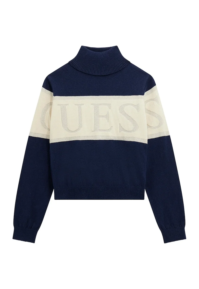 Pulover cu model logo si guler inalt, Crem/Bleumarin