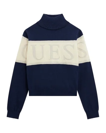 Pulover cu model logo si guler inalt, Crem/Bleumarin