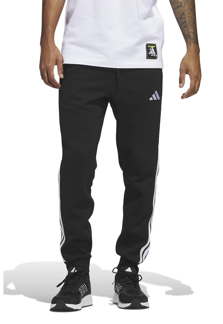 Pantaloni de trening cu logo si snur de ajustare, Alb/Negru