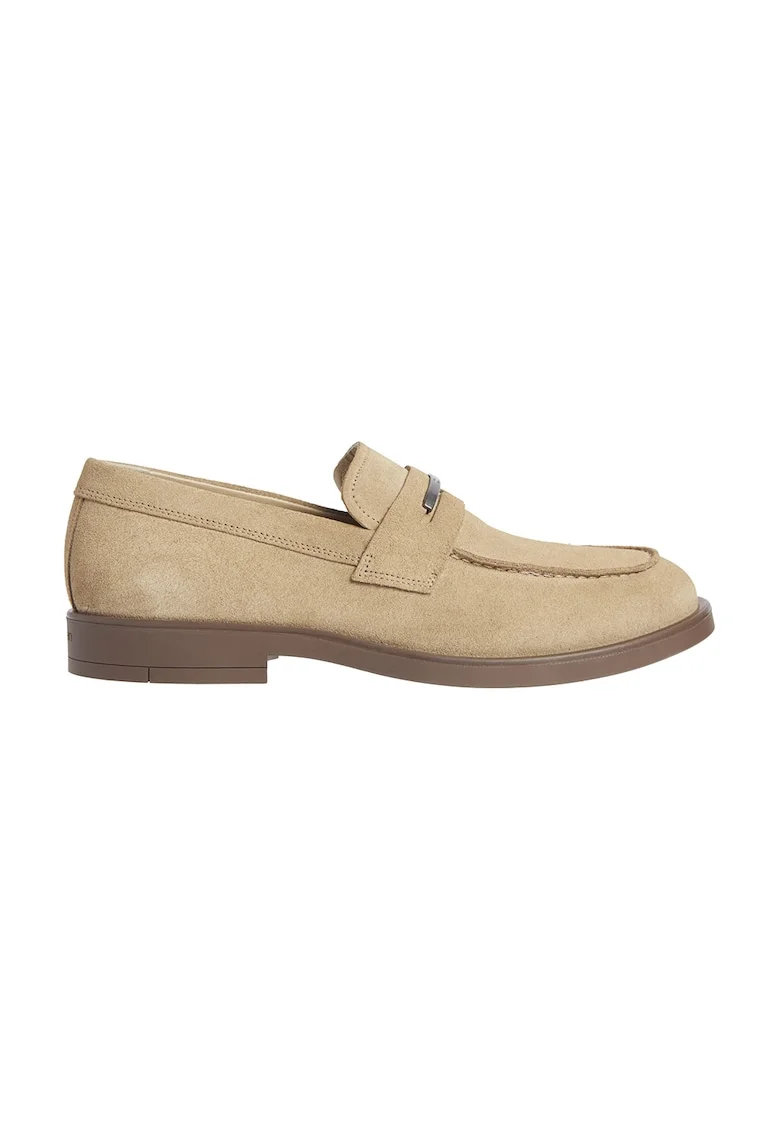 Pantofi loafer de piele intoarsa cu logo, Maro camel
