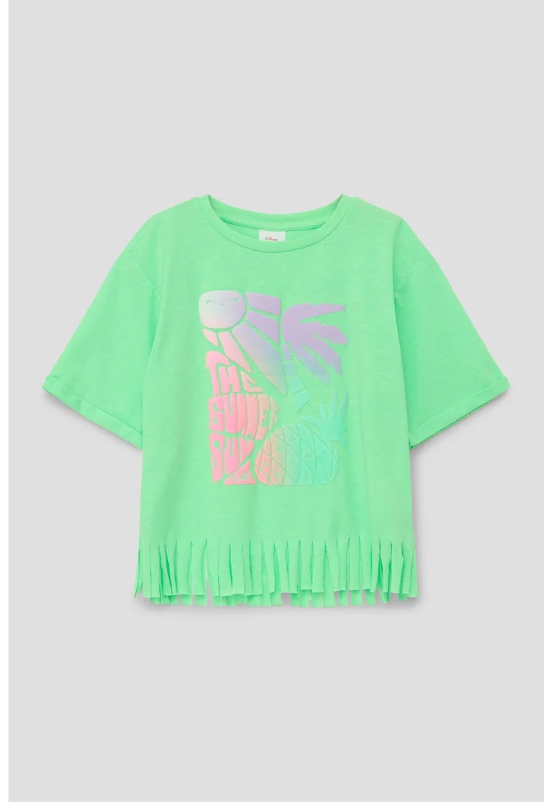 Tricou cu imprimeu si terminatie franjurata, Verde deschis