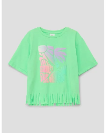 Tricou cu imprimeu si terminatie franjurata, Verde deschis