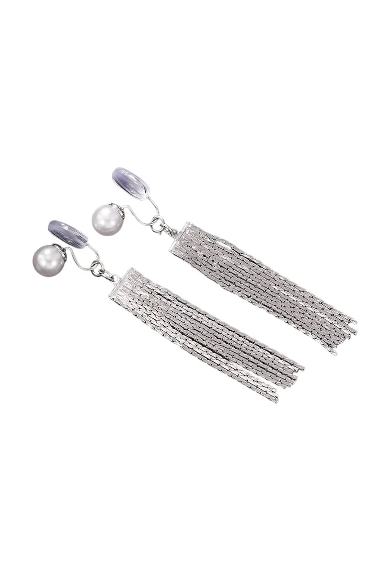 Cercei argintii, lungi, cu clips, franjuri si perle, Eland C3,
