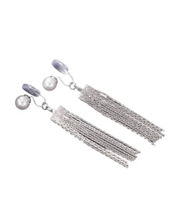 Cercei argintii, lungi, cu clips, franjuri si perle, Eland C3,