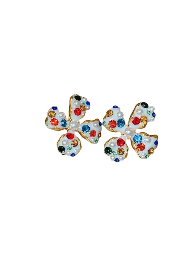 Cercei aurii, cu clips, forma de floare, cu pietre multicolore, Ionatan C5,