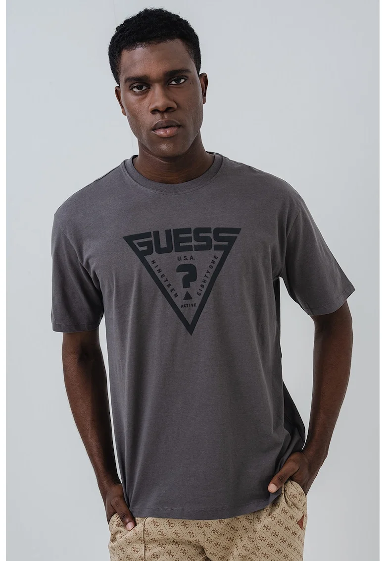 Tricou relaxed fit cu logo, Gri inchis