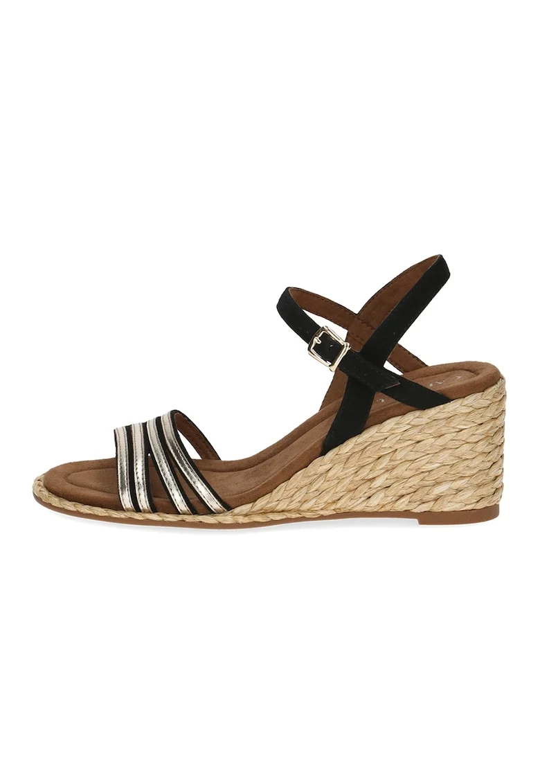 Espadrile cu talpa wedge si catarame, Negru/Maro nisip