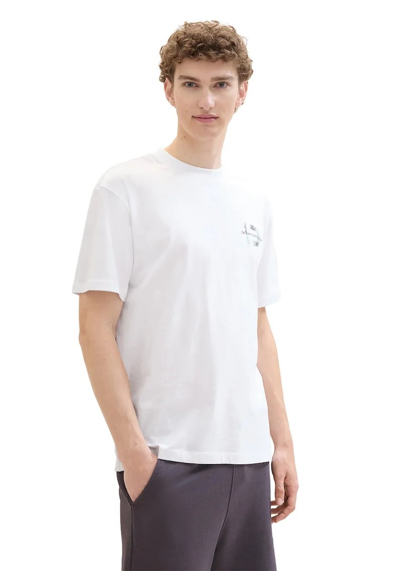Tricou cu decolteu la baza gatului si imprimeu tropical pe spate, Alb/Turcoaz