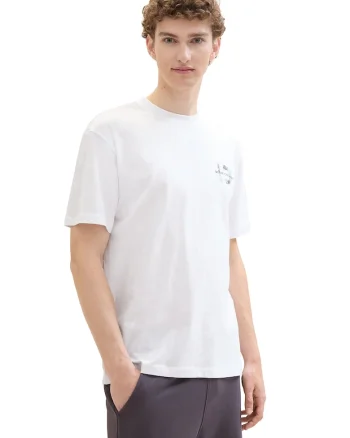 Tricou cu decolteu la baza gatului si imprimeu tropical pe spate, Alb/Turcoaz