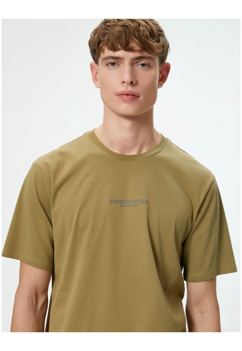 Tricou din bumbac cu decolteu la baza gatului, Kaki