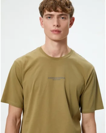 Tricou din bumbac cu decolteu la baza gatului, Kaki