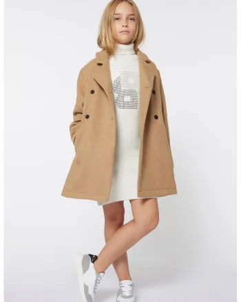Rochie tricotata cu croiala dreapta, guler inalt si logo cu strasuri, Alb