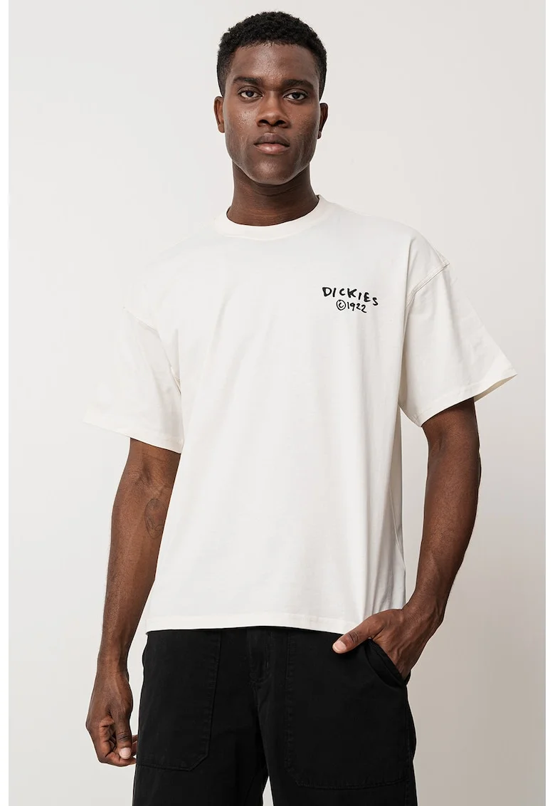 Tricou de bumbac cu imprimeu text pe spate, Alb/Negru