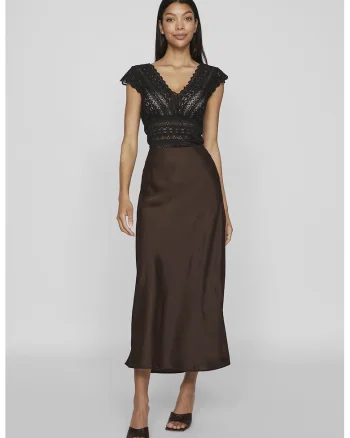 Fusta midi din satin Ellette, Maro inchis