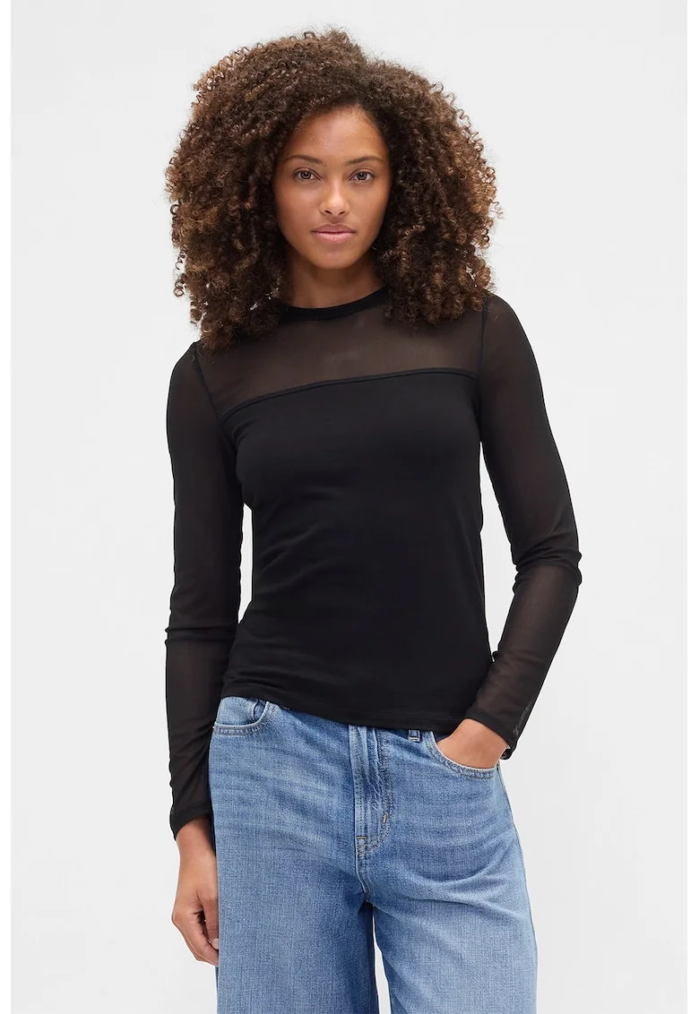 Bluza slim fit cu garnituri transparente, Negru