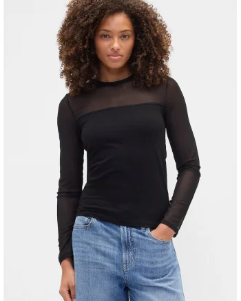 Bluza slim fit cu garnituri transparente, Negru