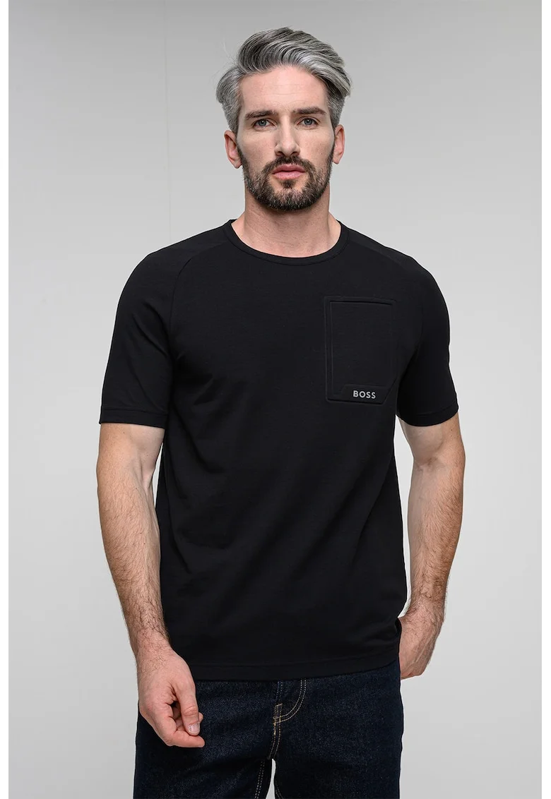 Tricou cu logo si decolteu rotund, Negru
