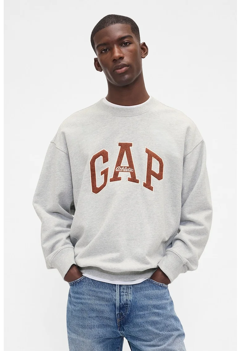 Bluza de trening cu decolteu la baza gatului si logo, Caramiziu/Gri deschis melange