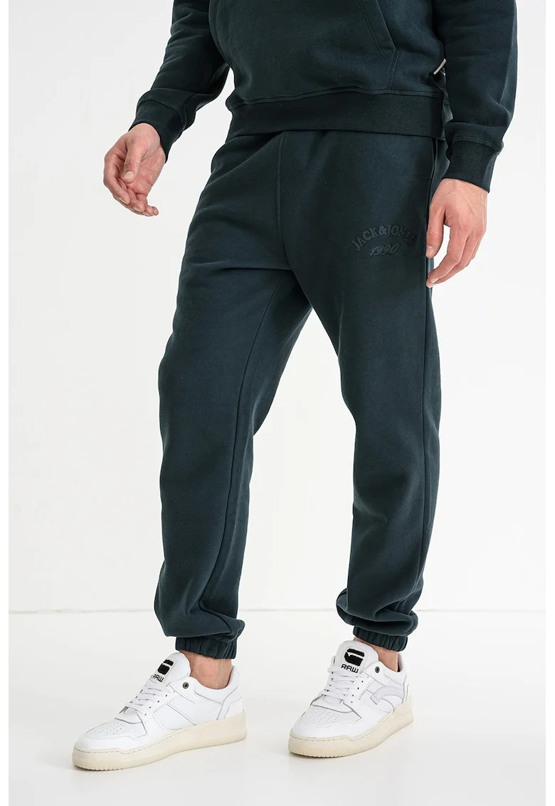 Pantaloni de trening din amestec de bumbac organic cu talie medie si snur de ajustare, Verde padure