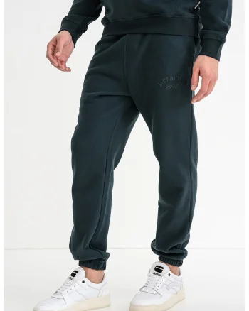 Pantaloni de trening din amestec de bumbac organic cu talie medie si snur de ajustare, Verde padure