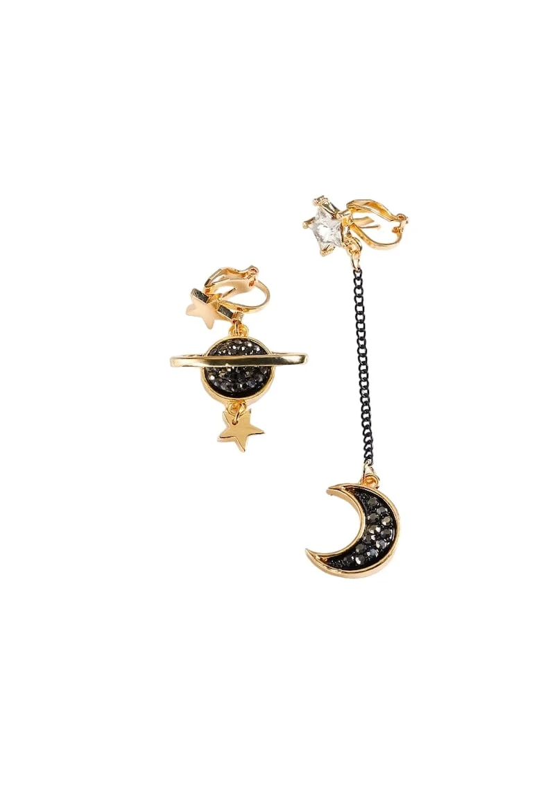 Cercei aurii, cu clips, asimetrici, forma de luna si planeta, Samine C2,