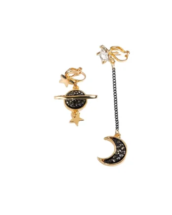 Cercei aurii, cu clips, asimetrici, forma de luna si planeta, Samine C2,