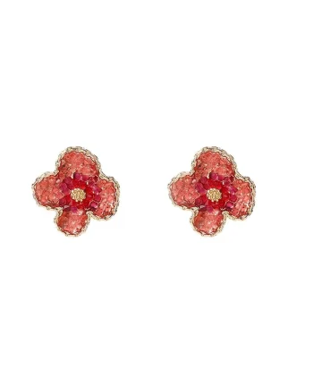 Cercei aurii, cu clips, forma de floare, cu cristale rosii, Eleen C3,